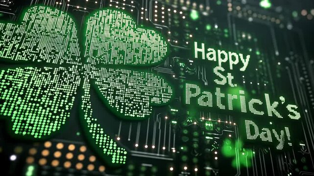 Festive greeting for St. Patricks Day on display with glowing green lights forming a four leaf clover