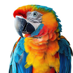A vibrant macaw with colorful feathers against a transparent background.