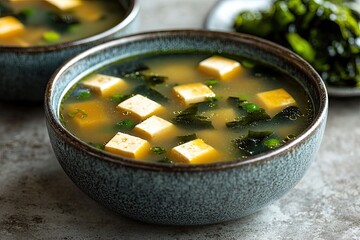 vibrant close-up of miso soup bowl with tofu cubes and seaweed set on muted gray background with ample copy space