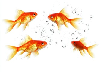 Four Goldfish in Water Bubbles Aquarium Fish Composition, White Background, Aquatic Life Concept, Goldfish Image Goldfish, Aquarium