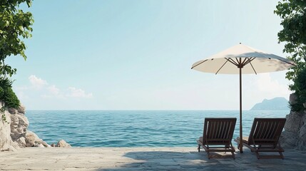 Obraz premium Tranquil Seaside View with Beach Chairs and Umbrella by the Ocean, Chairs and umbrella beach concept.