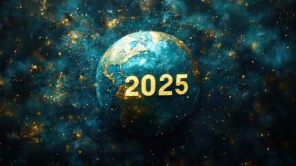 Glowing Planet Earth with the Number '2025', Surrounded by Mystical Lighting and Cosmic Elements, Perfect for New Year Themes, Futuristic Concepts, and Space-Inspired Art
