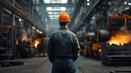 Industrial Worker Observing Manufacturing Process in a Factory Surrounded by Equipment and Machinery