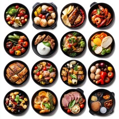 A vibrant assortment of gourmet dishes beautifully presented in black bowls, showcasing a variety of flavors and textures.