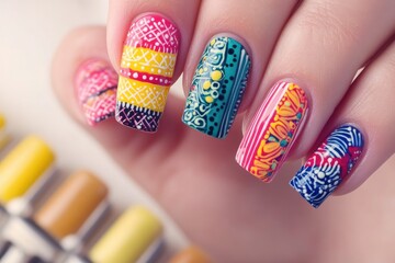 close-up of vibrant nail art being applied delicate hand and intricate design sharply in focus