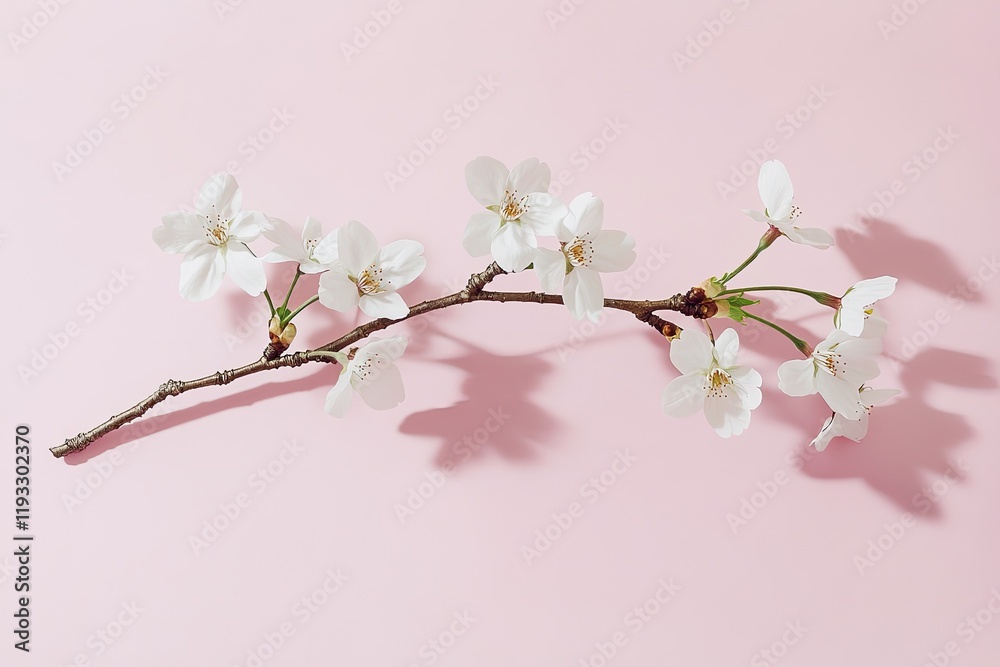 Poster blooming cherry blossom branch placed on matte pastel pink background with soft shadows