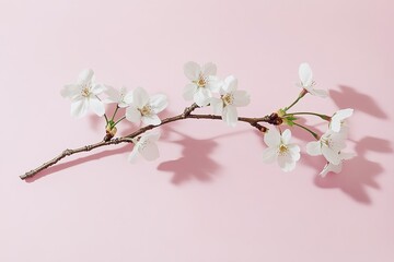 blooming cherry blossom branch placed on matte pastel pink background with soft shadows