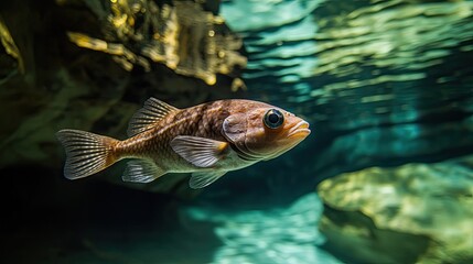 Fototapeta premium blind cavefish swimming through crystal-clear subterranean water with rock walls softly blurred behind