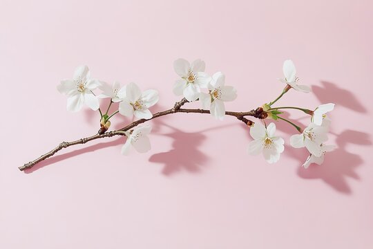 blooming cherry blossom branch placed on matte pastel pink background with soft shadows