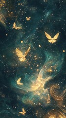 Fototapeta premium Golden Birds Soar Through A Celestial Galaxy