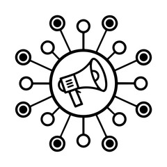 Black and white marketing and communication network illustration.