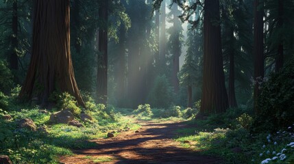Fototapeta premium Sunlight Filtering Through Tall Trees in Serene Forest Landscape