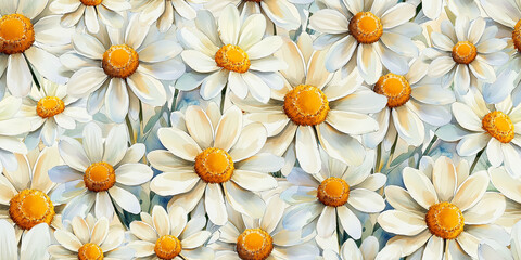 flowers ,in the garden. Seamless pattern watercolor. Carpet of daisies. Spring composition in blue-orange-white tones.