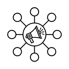 Marketing network icon with megaphone and dotted links.