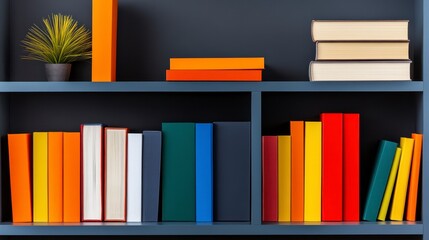 Fototapeta premium Vibrant bookshelf filled with colorful books and decorative plant in a modern interior setting for stylish home decor