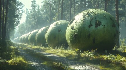 Enigmatic Green Spheres Line a Forest Path