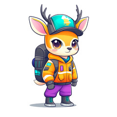 Obraz premium Adventurous cartoon deer character outdoor landscape fun illustration vibrant environment playful concept