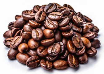 Fototapeta premium Aromatic Coffee Beans Heap: Rich Brown Roasted Coffee Beans Isolated on White Background