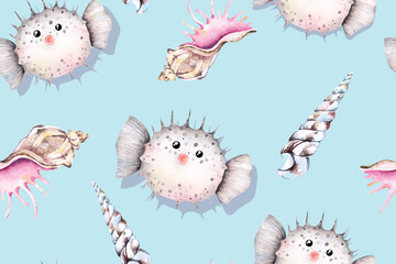 Seamless pattern of puffer fish and shells. Sea animal on pastel background.For designing fabric patterns, wallpapers, cute backgrounds with sea creatures patterns.Hand painted with watercolor © joy8046