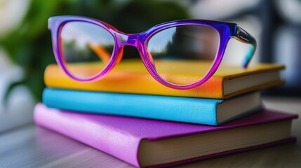 Brightly colored eyeglasses rest on a stack of books in bold hues, the combination radiating energy and creativity.