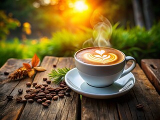 Aromatic Hot Latte Art Coffee on Rustic Wooden Table - Top View