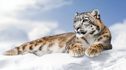 Fototapeta premium Majestic Snow Leopard Resting in Snowy Mountains