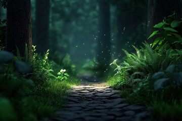 Misty forest path in nature background banner soft scenery