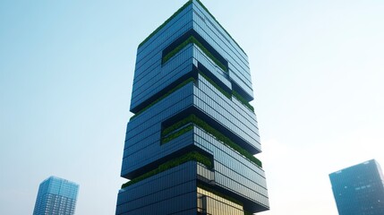 Fototapeta premium Futuristic skyscraper with green terraces surrounded by modern city buildings under a clear blue sky