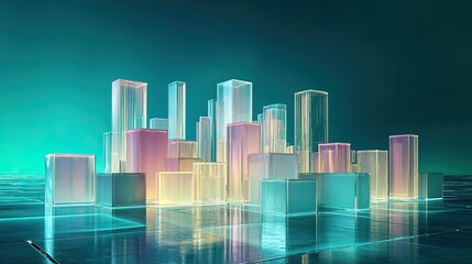 Fototapeta premium A retro cyberpunk-inspired skyline constructed from metallic translucent cubes glowing in shades of magenta