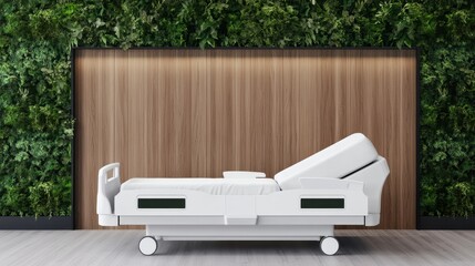 Modern hospital bed against a lush greenery wall, showcasing the blend of healthcare and natural elements