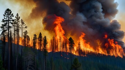 Fiery Forest Inferno: A Dramatic Landscape of Wildfire and Smoke