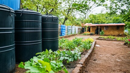 Green Garden with Rainwater Tanks in a Sustainable Urban Setting