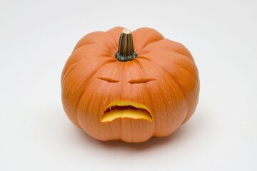 Obraz premium Carved Pumpkin with Angry Face Expression Sitting on White Background Perfect for Halloween, Fall, Seasonal Celebrations, and Decoration Ideas