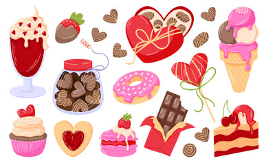 Valentine day sweets and desserts set with chocolate, candies, cupcakes, ice cream and heart shaped treats in cartoon. Perfect for holiday design, packaging, and romantic card.
