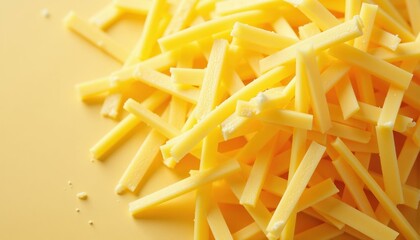 Heap of yellow cubed cheese on a light yellow background, National Cheese Lover's Day