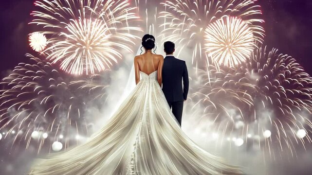 Couple enjoys a spectacular fireworks display during a romantic wedding celebration in a charming outdoor setting at night