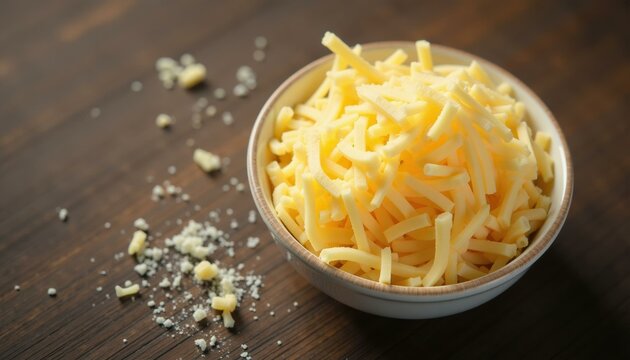 Bowl of Shredded Cheese on a Wood Table, National Cheese Lover's Day - Powered by Adobe