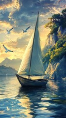 Fototapeta premium Sailboat at Sunset in a Calm Bay.