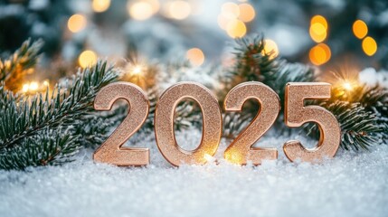 Golden 2025 on snowy ground with lights and pine.