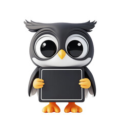 Fototapeta premium Cute cartoon owl holding a sign playful art showcase digital environment eye-level perspective whimsical concept