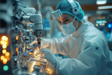Scientist wearing protective gear works with advanced robotic equipment in a laboratory setting