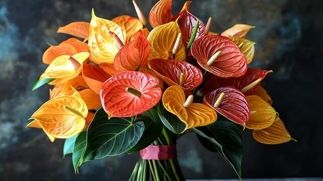 Static shot: A vibrant bouquet of anthurium flowers in a spectrum of orange and red hues.