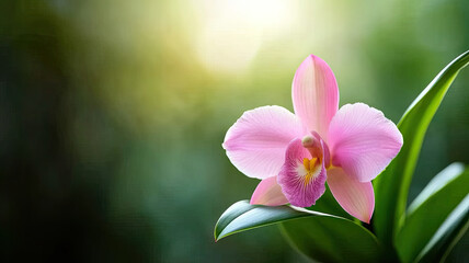 Fototapeta premium vibrant pink orchid in soft sunlight, surrounded by lush green leaves, exudes natural beauty