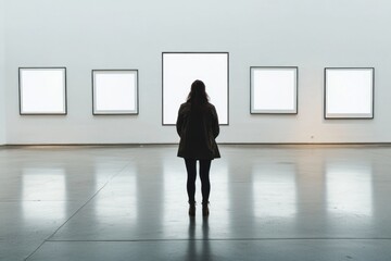 Woman viewing blank artwork in a modern gallery.