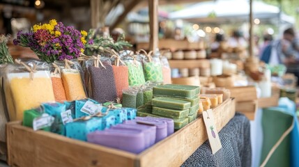 Colorful Natural Soaps and Bath Products Displayed at Market Stall