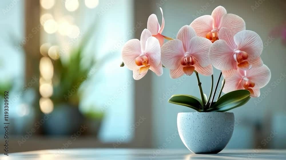 Poster a beautiful arrangement of pink orchids sits in a textured pot on a kitchen table. the soft lighting
