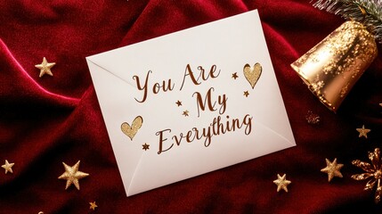 White Love Letter envelop with "You Are My Everything" in elegant gold cursive font, adorned with tiny heart and star doodles in gold foil, placed on a soft crimson velvet tablecloth backgroun
