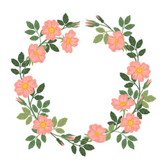 Vintage style floral wreath with briar rose flowers. Romantic vector frame for wedding invitation or greeting cards. Beautiful rose hip branches