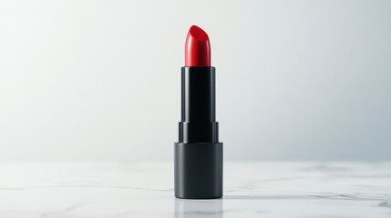Obraz premium Vibrant Red Lipstick on Marble Surface - A Captivating Beauty Product, Perfect for Makeup Photography, Fashion Shoots, and Cosmetic Advertisements