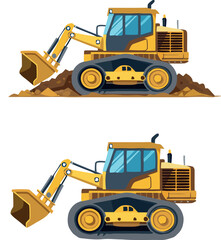 Yellow track loader excavator moving earth on a construction site